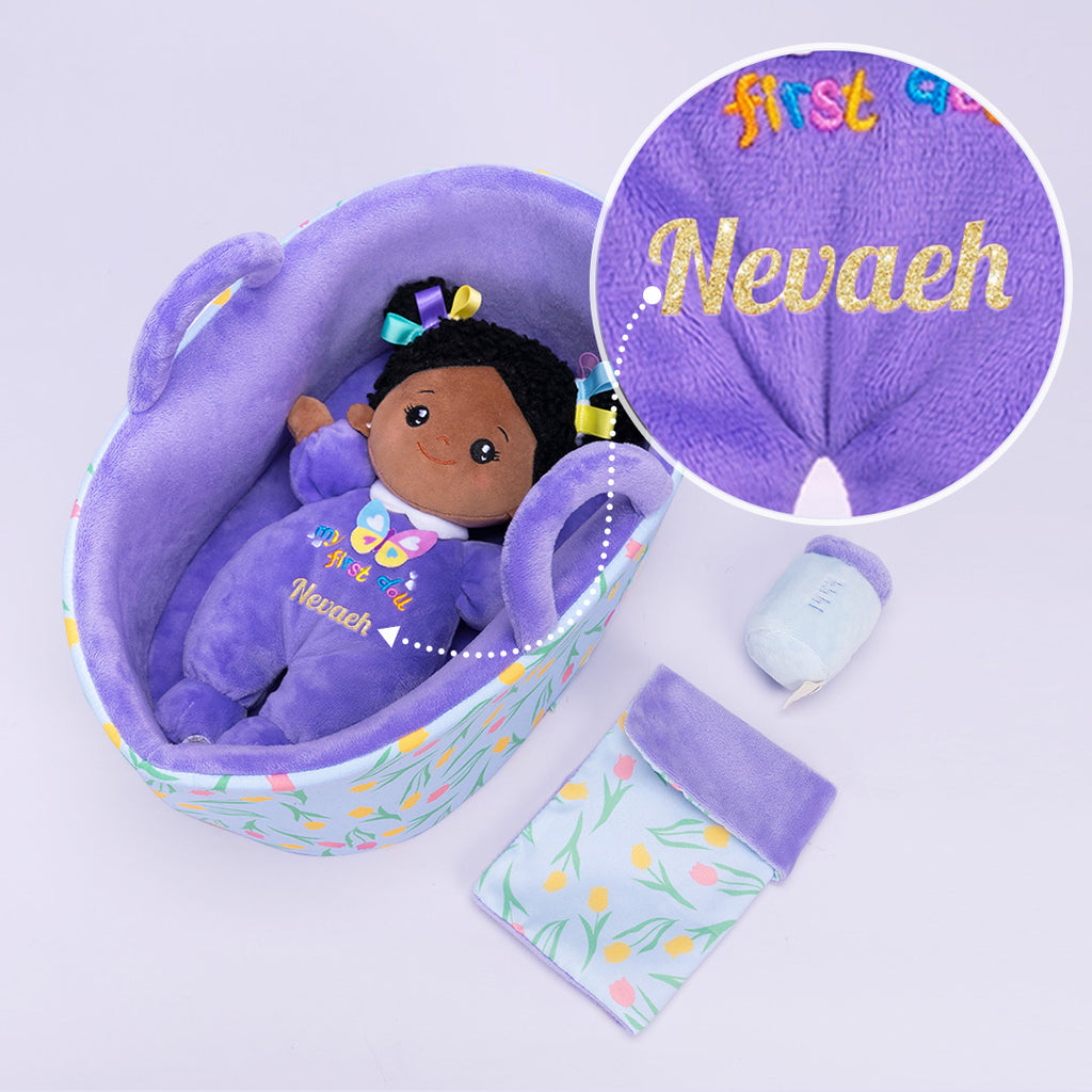 iFrodoll Personalized Deep Skin Tone Baby First Doll Purple Butterfly Girl Doll & Gift Set
