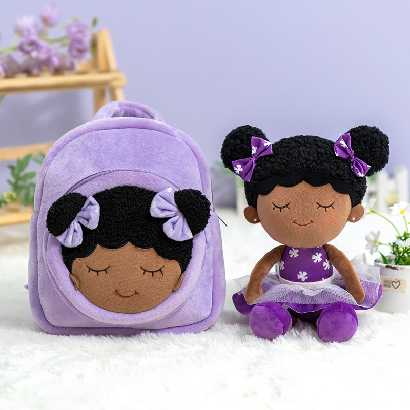 Gloveleya Toddler Backpack Baby Girl Gift Plush Bag Diaper Bag with Spring Girl Doll Curly Hair Girl Toys with Love Purple 9 Inches