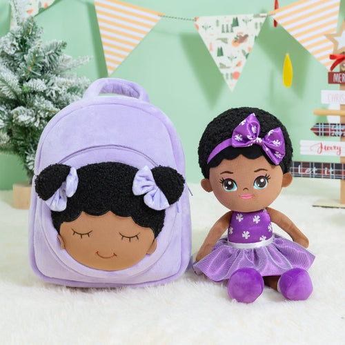 iFrodoll Personalized Deep Skin Tone Plush Dawn Doll & Purple Dora Backpack Gift Set
