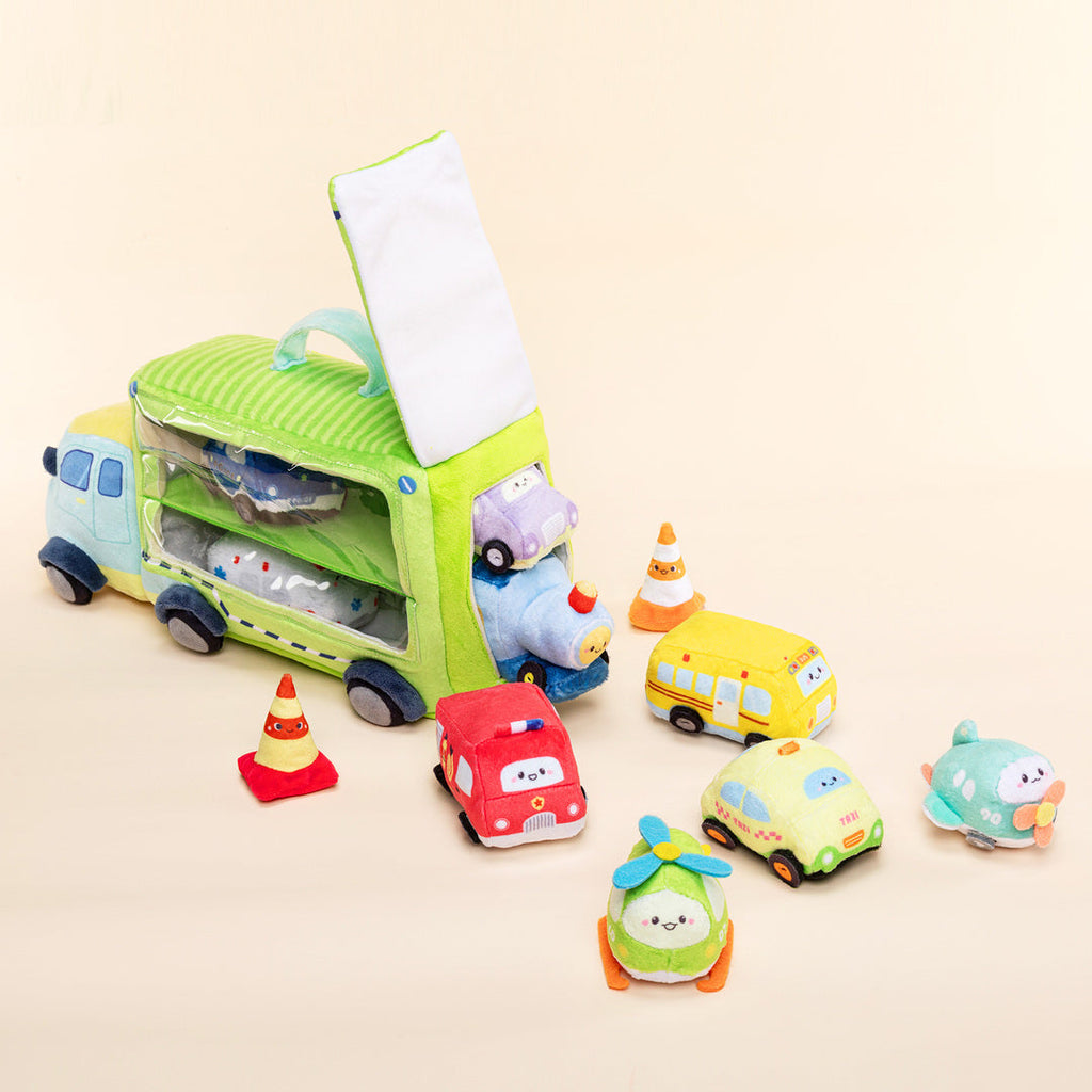 Personalized Plush Double Deck Truck Trailer Sensory Toy Set