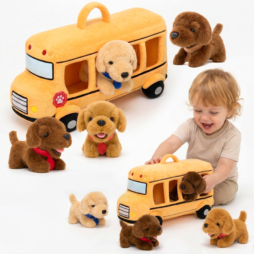 Personalized Plush Puppy School Bus Playset (5-Piece Set)