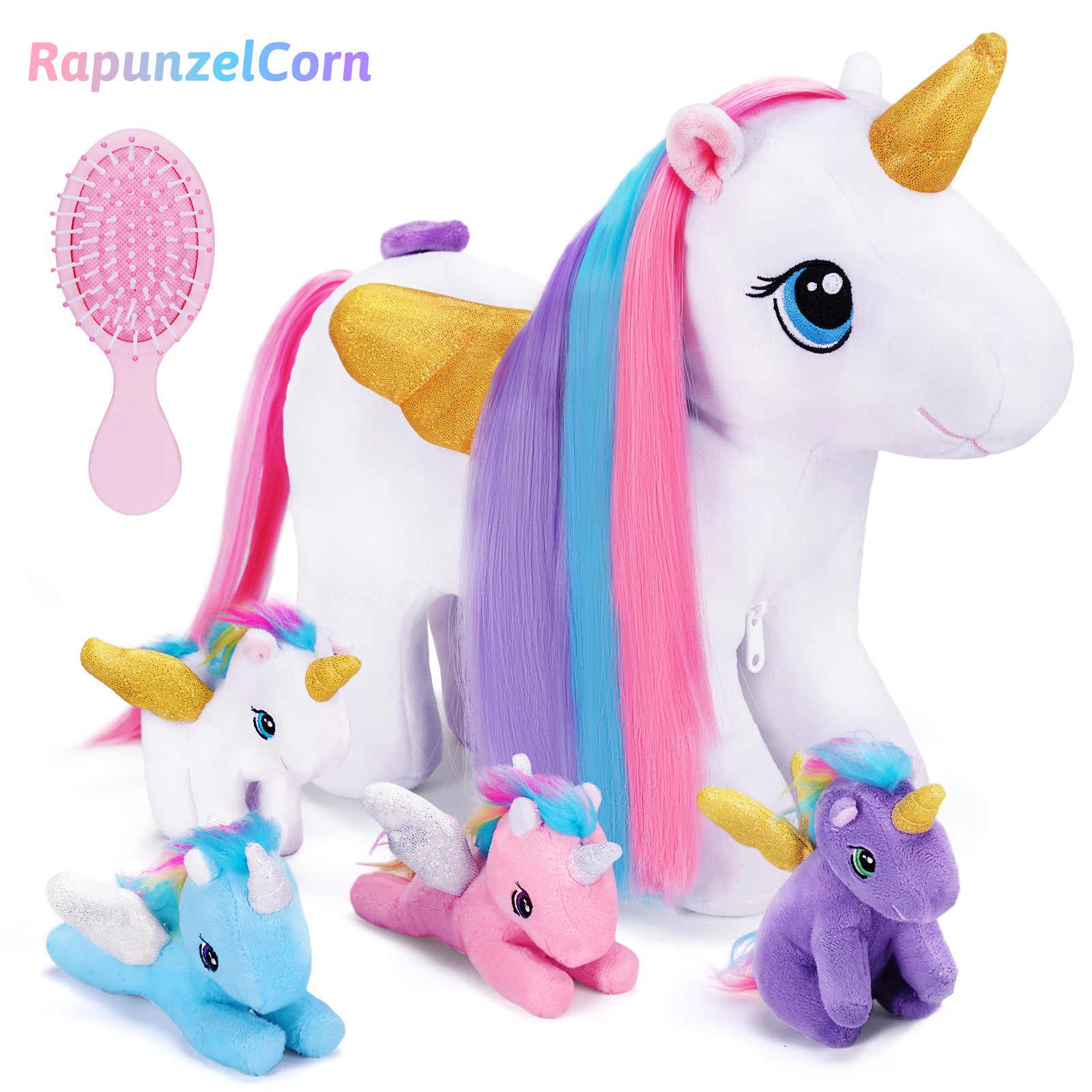 Rainbow Hair Plush Unicorn Mommy with Babies Stuffed Animal