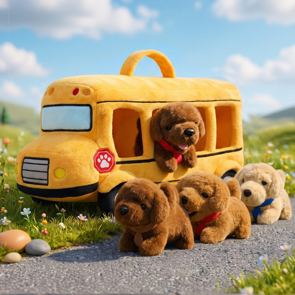 Personalized Plush Puppy School Bus Playset (5-Piece Set)