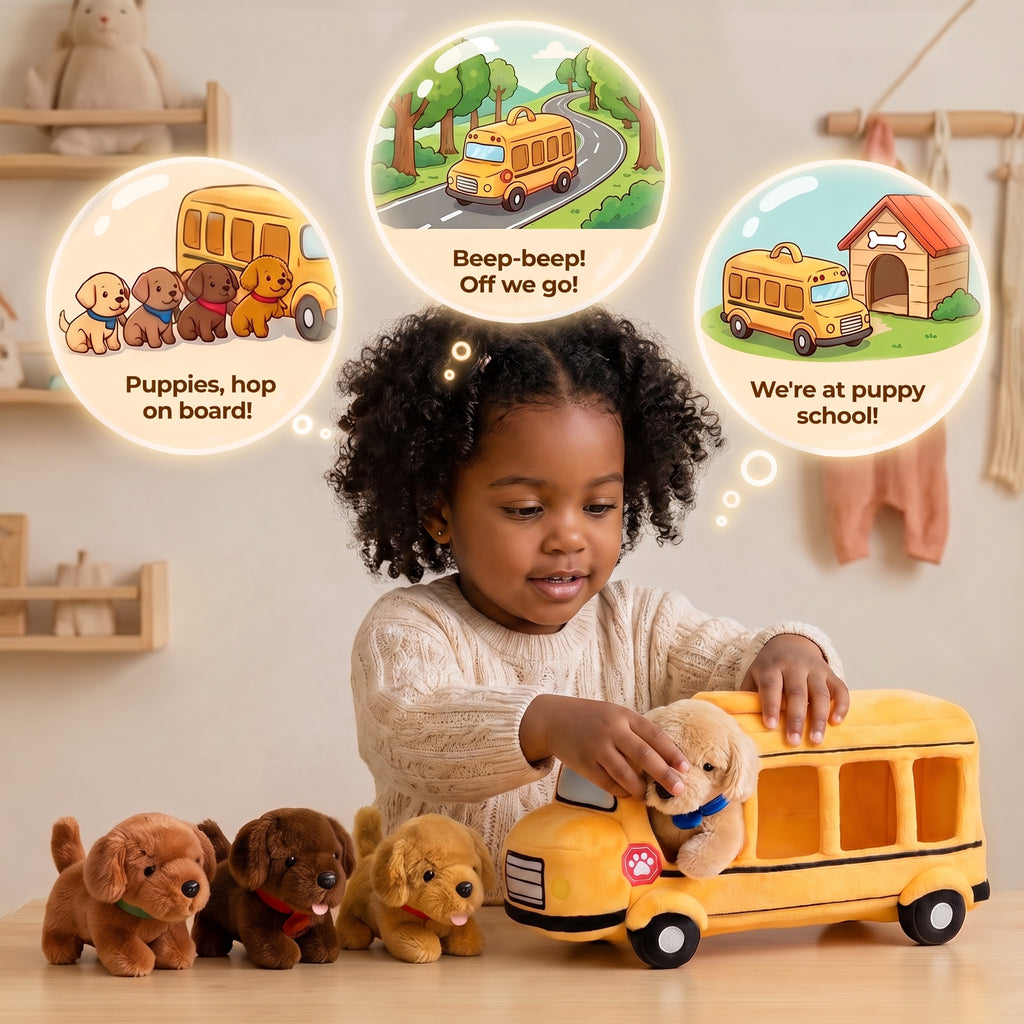 Personalized Plush Golden Retriever Puppy School Bus Playset (5-Piece Set)