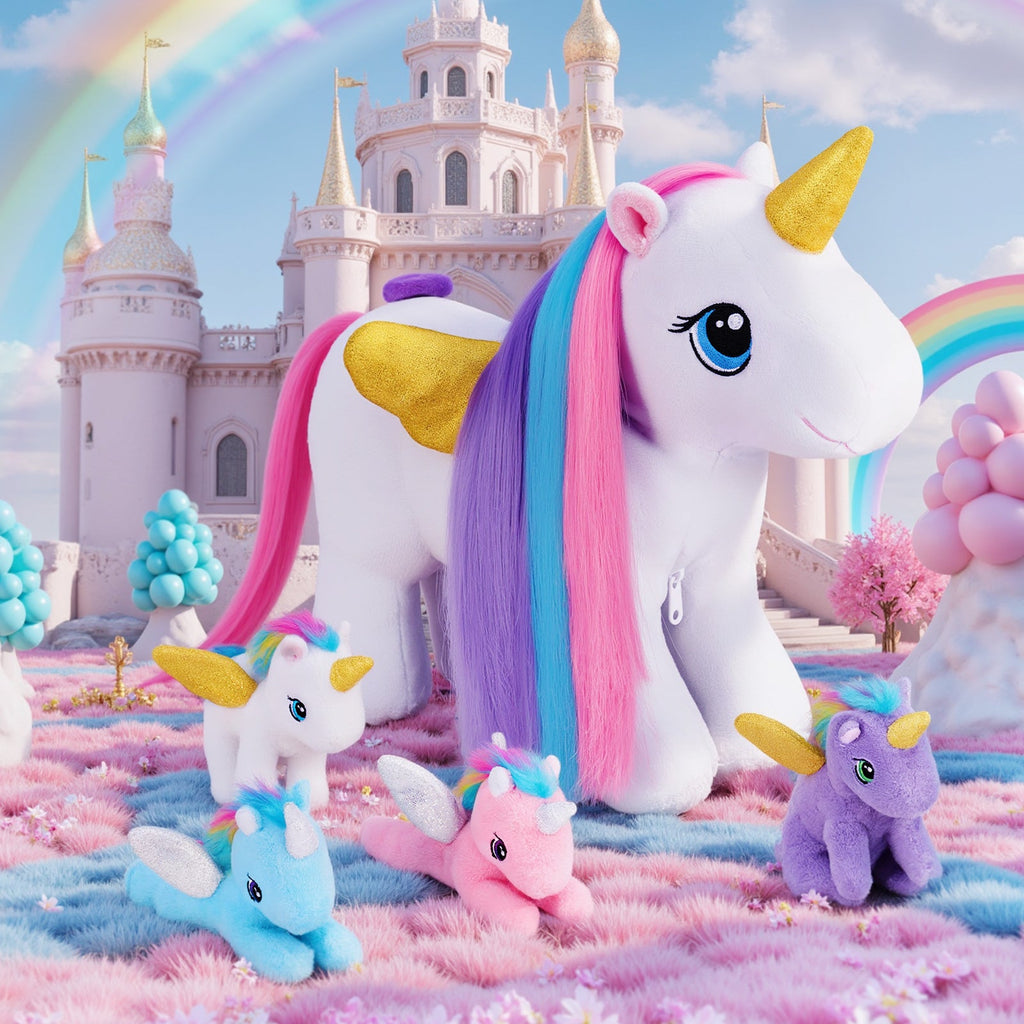 Rainbow Hair Plush Unicorn Mommy with 4 Babies Stuffed Animal