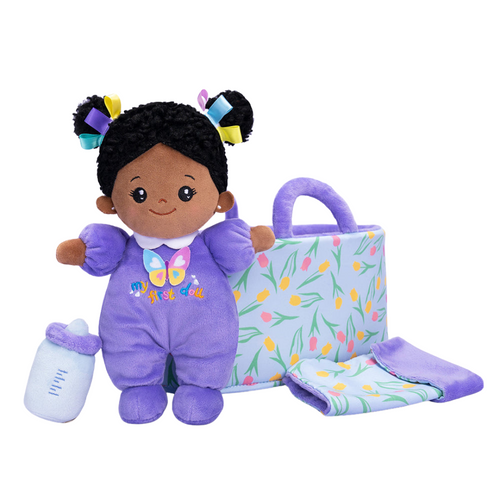 iFrodoll Personalized Deep Skin Tone Baby First Doll Purple Butterfly Girl Doll & Gift Set