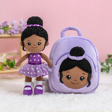 Load image into Gallery viewer, iFrodoll Personalized Deep Skin Tone Plush Nevaeh 2 Doll &amp; Purple Backpack Gift Set