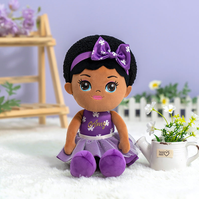 iFrodoll Personalized Deep Skin Tone Plush Dawn Doll & Purple Dora Backpack Gift Set