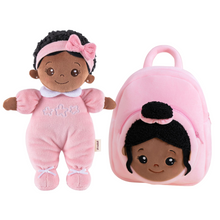 Load image into Gallery viewer, iFrodoll Personalized Pink Deep Skin Tone Mini Plush Baby Girl Doll &amp; Gift Set