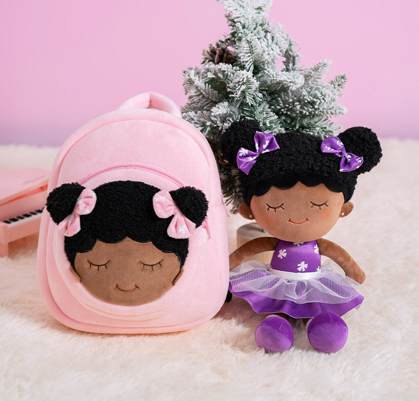 iFrodoll Personalized Deep Skin Tone Plush Purple Dora Doll & Pink Backpack Gift Set