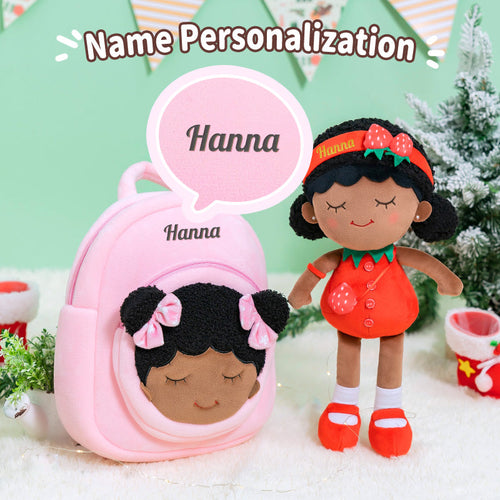 iFrodoll Personalized Deep Skin Tone Plush Strawberry Dora Doll & Pink Dora Backpack Gift Set