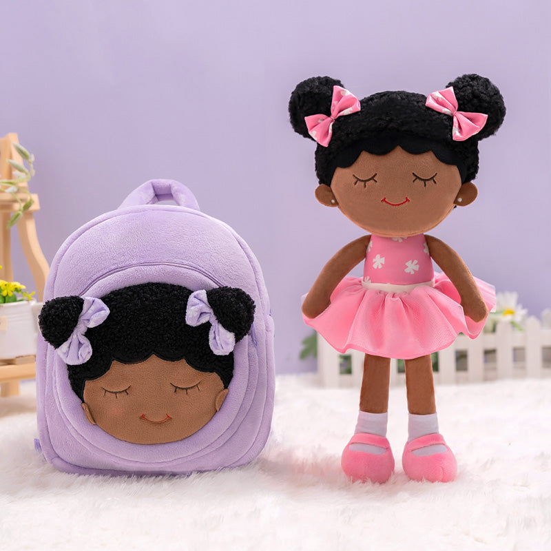 iFrodoll Personalized Deep Skin Tone Plush Pink Dora Doll & Purple Backpack Gift Set