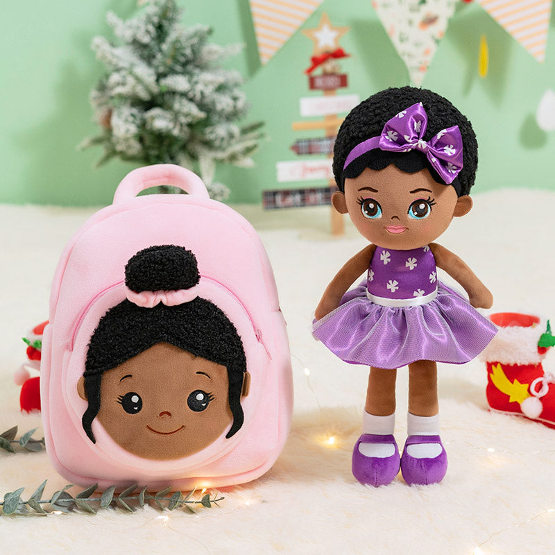 iFrodoll Personalized Deep Skin Tone Plush Dawn Doll & Pink Nevaeh Backpack Gift Set