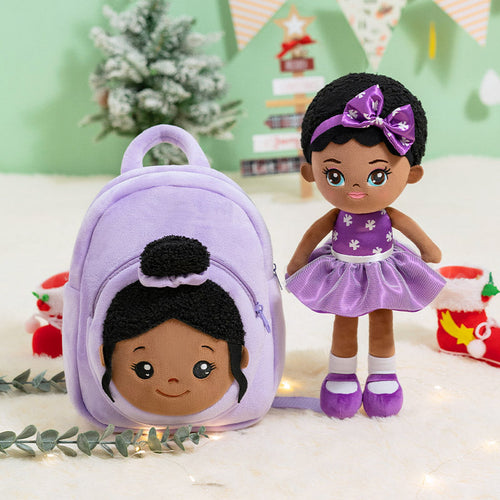iFrodoll Personalized Deep Skin Tone Plush Dawn Doll & Purple Nevaeh Backpack Gift Set