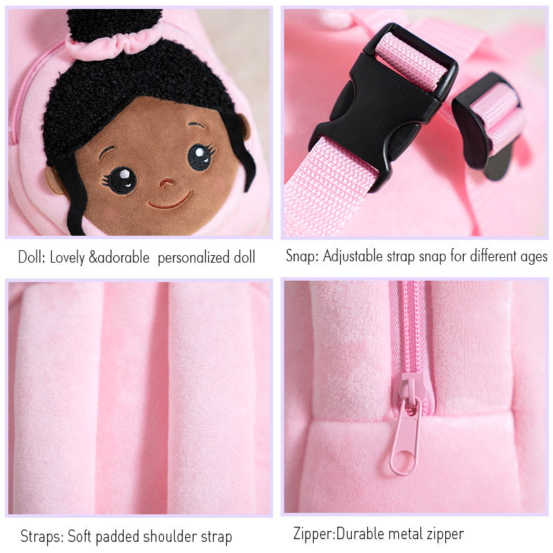 iFrodoll Personalized Deep Skin Tone Plush Strawberry Nevaeh Doll & Pink Nevaeh Backpack Gift Set