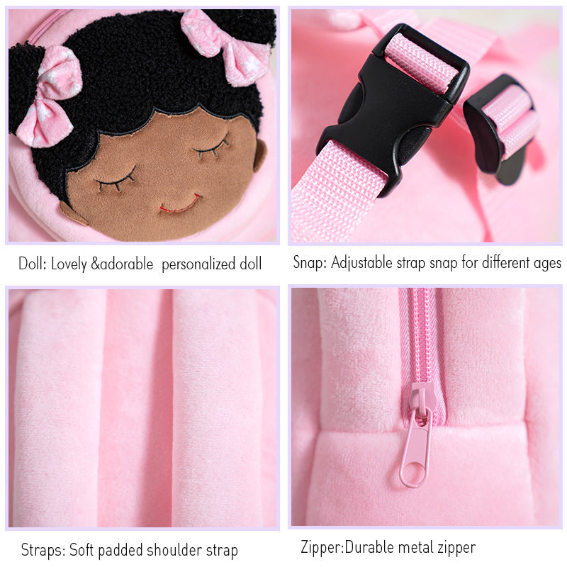 iFrodoll Personalized Deep Skin Tone Plush Strawberry Dora Doll & Pink Dora Backpack Gift Set