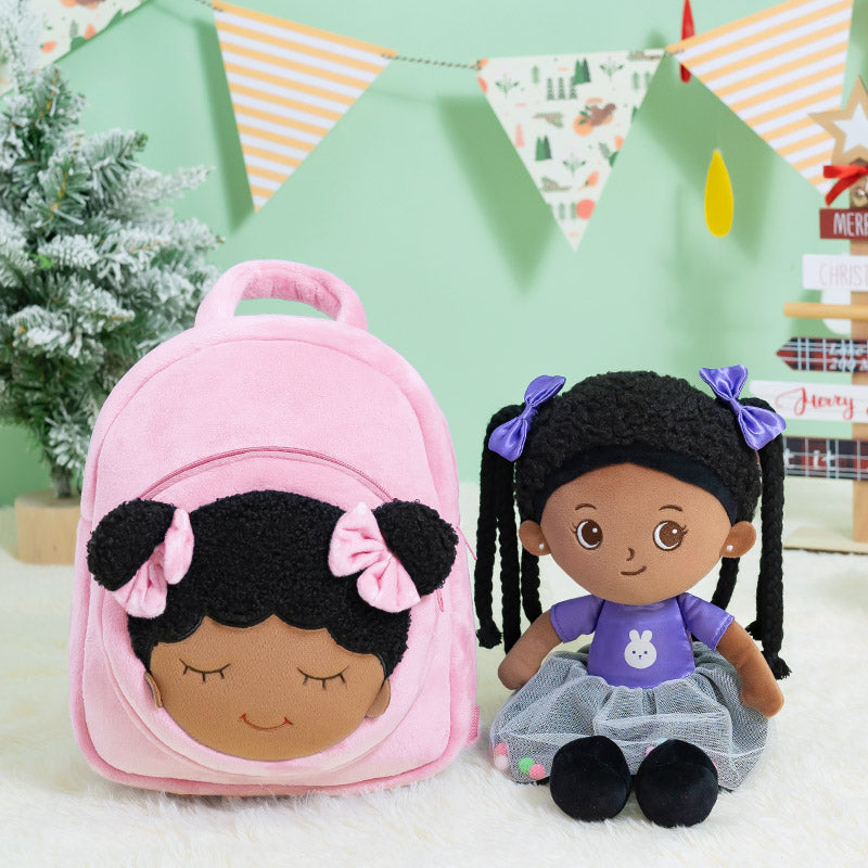 iFrodoll Personalized Deep Skin Tone Plush Ash Doll & Pink Dora Backpack Gift Set