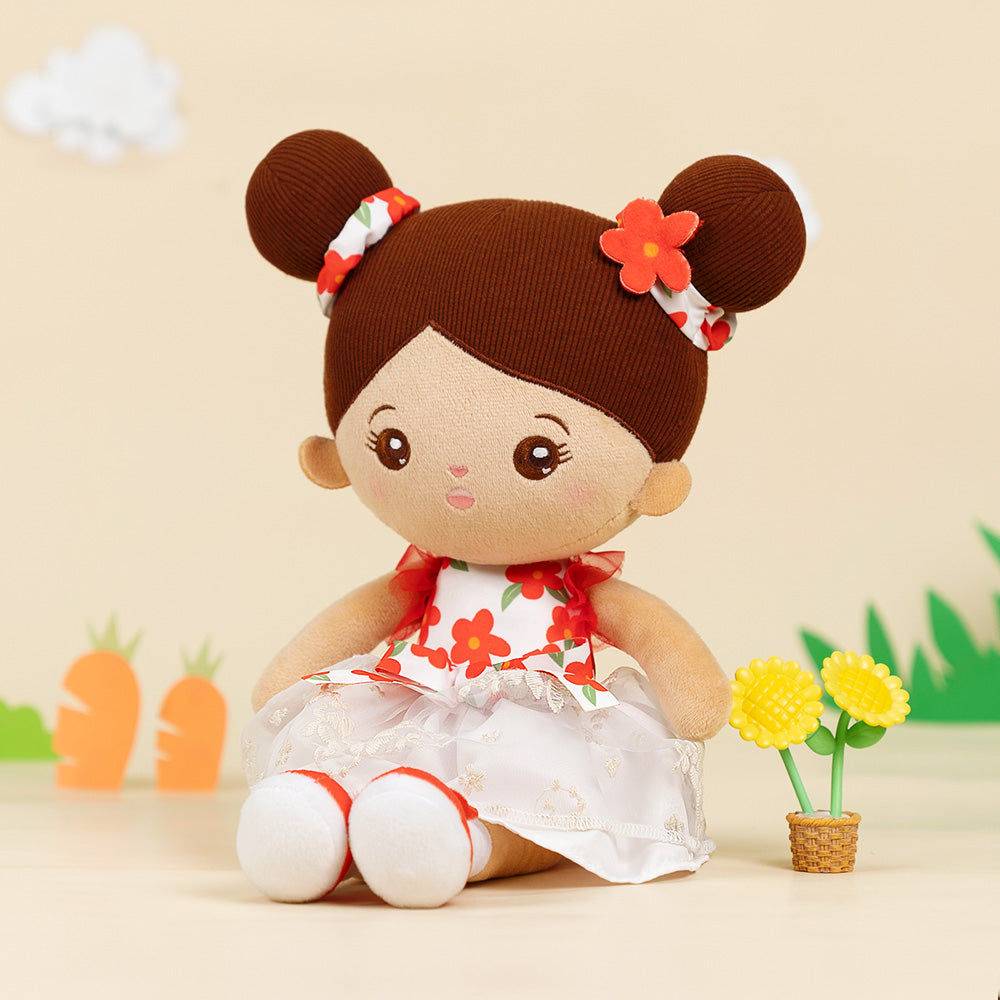 iFrodoll Personalized Brown Skin Tone White Floral Dress Plush Baby Girl Doll