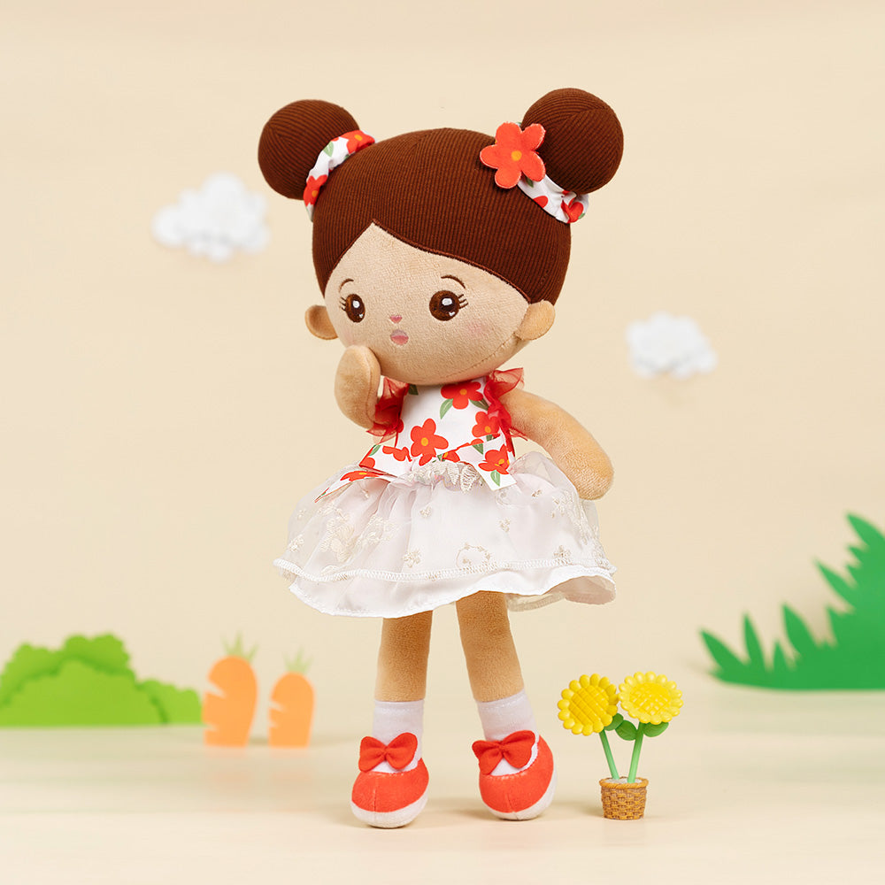 iFrodoll Personalized Brown Skin Tone White Floral Dress Plush Baby Girl Doll
