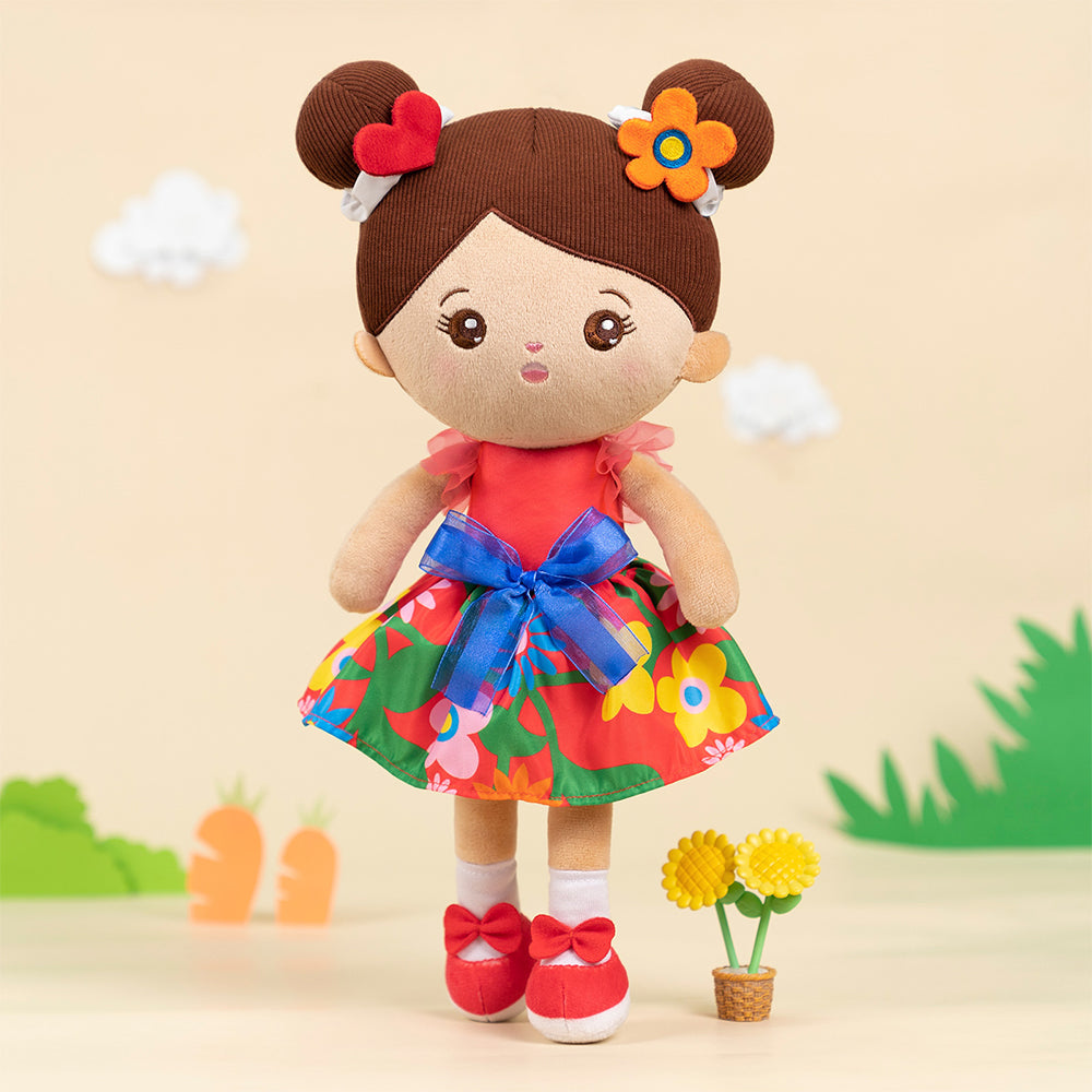 iFrodoll Personalized Brown Skin Tone Red Floral Dress Plush Baby Girl – Ifrodoll