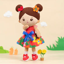 Load image into Gallery viewer, iFrodoll Personalized Brown Skin Tone Red Floral Dress Plush Baby Girl Doll