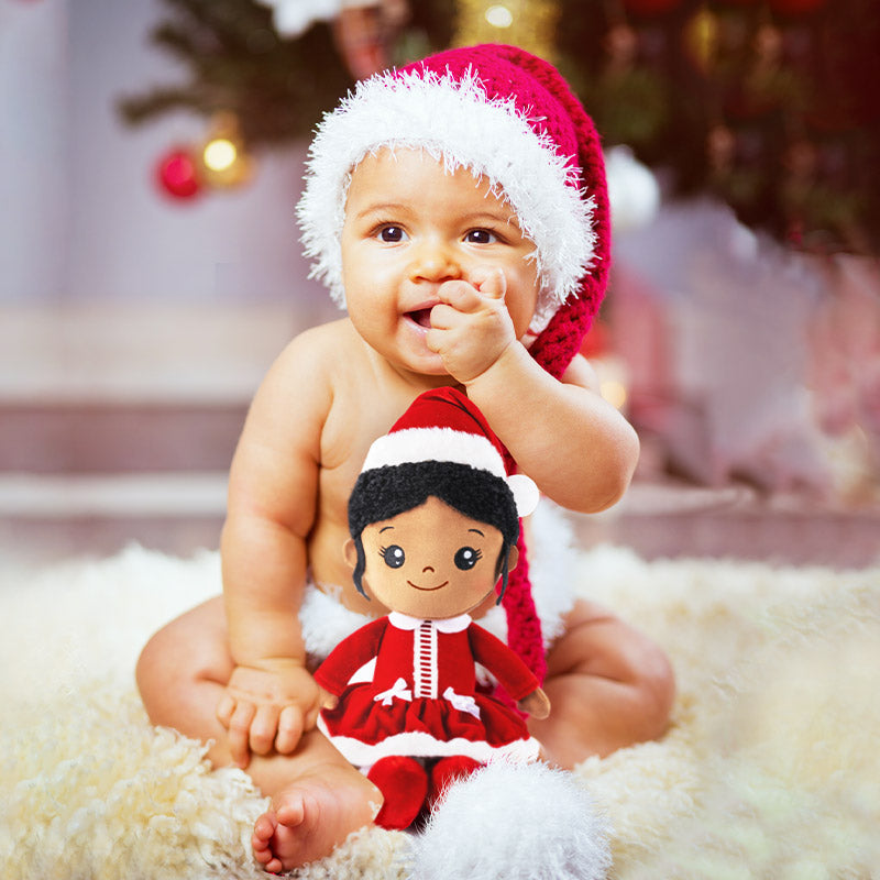 iFrodoll Personalized Deep Skin Tone Red Christmas Plush Baby Girl Doll