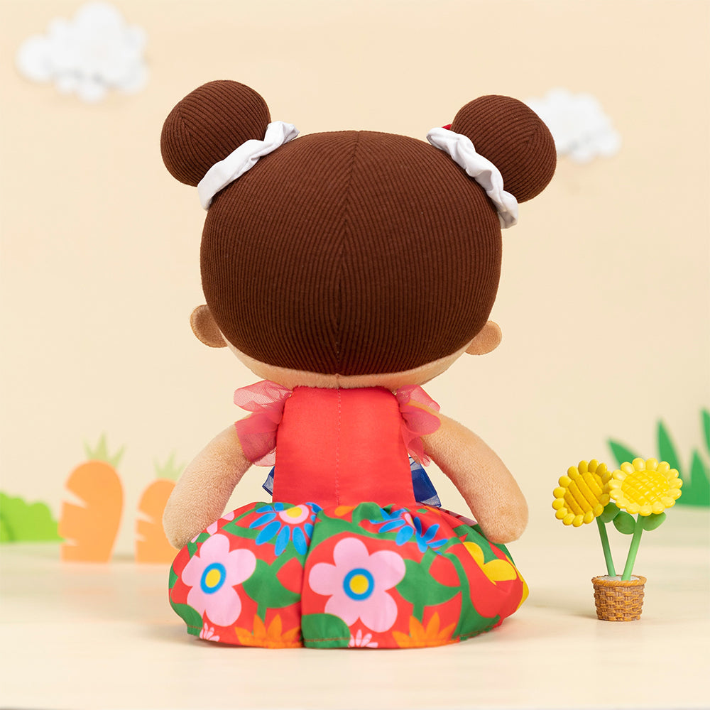 iFrodoll Personalized Brown Skin Tone Red Floral Dress Plush Baby Girl Doll
