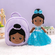 Load image into Gallery viewer, iFrodoll Personalized Deep Skin Tone Plush Blue Princess Nevaeh Doll &amp; Backpack Gift Set