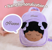 Load image into Gallery viewer, iFrodoll Personalized Deep Skin Tone Plush Dawn Doll &amp; Purple Dora Backpack Gift Set