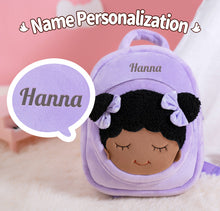 Load image into Gallery viewer, iFrodoll Personalized Deep Skin Tone Plush Ash Doll &amp; Purple Dora Backpack Gift Set