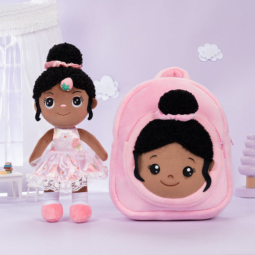 iFrodoll Personalized Deep Skin Tone Plush Strawberry Nevaeh Doll & Pink Nevaeh Backpack Gift Set