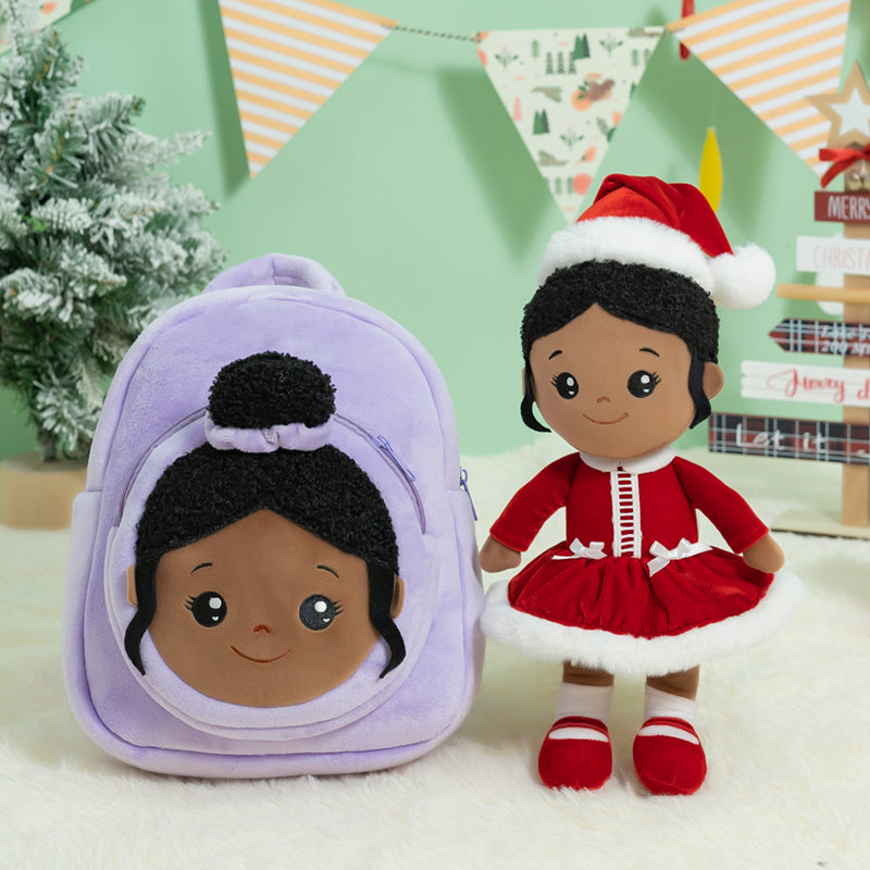iFrodoll Personalized Deep Skin Tone Plush Red Christmas Doll & Purple Backpack Gift Set