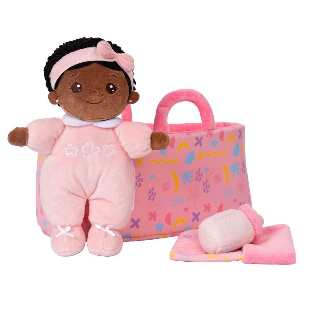 iFrodoll Personalized Deep Skin Tone Pink Mini First Baby Doll Role Play Toy Gift Set for Infant