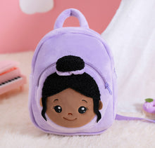 Load image into Gallery viewer, iFrodoll Personalized Deep Skin Tone Plush Nevaeh 2 Doll &amp; Purple Backpack Gift Set