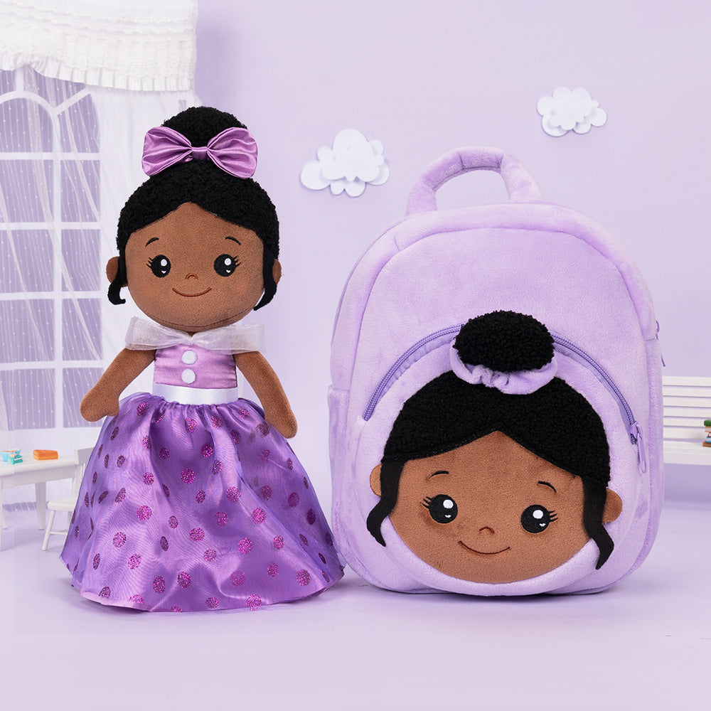 iFrodoll Personalized Deep Skin Tone Plush Purple Princess Nevaeh Doll & Backpack Gift Set