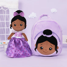 Load image into Gallery viewer, iFrodoll Personalized Deep Skin Tone Plush Purple Princess Nevaeh Doll &amp; Backpack Gift Set