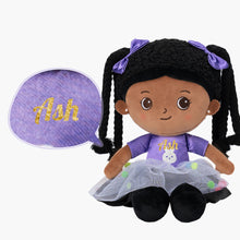 Load image into Gallery viewer, iFrodoll Personalized Deep Skin Tone Plush Ash Doll &amp; Purple Nevaeh Backpack Gift Set