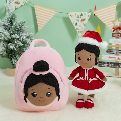 iFrodoll Personalized Deep Skin Tone Plush Red Christmas Doll & Pink Backpack Gift Set