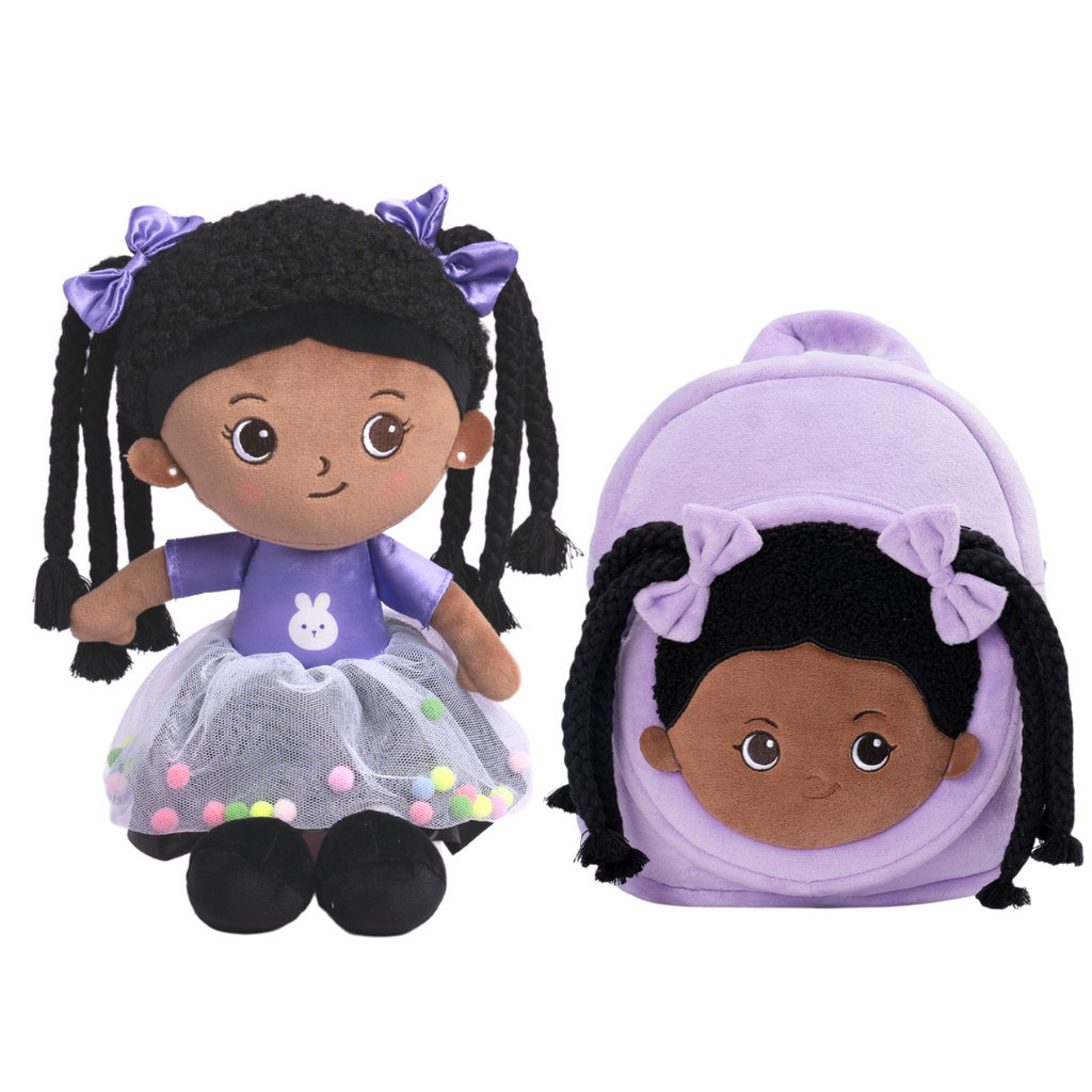 iFrodoll Personalized Deep Skin Tone Plush Ash Doll & Purple Nevaeh Backpack Gift Set