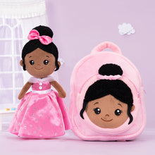 Load image into Gallery viewer, iFrodoll Personalized Deep Skin Tone Plush Pink Princess Nevaeh Doll &amp; Backpack Gift Set