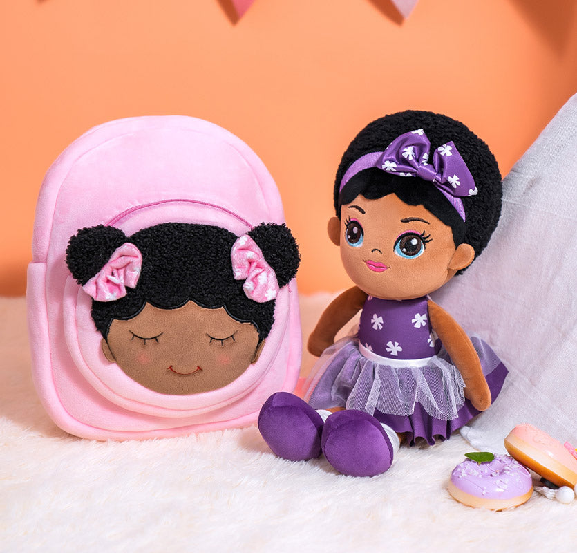 iFrodoll Personalized Deep Skin Tone Plush Dawn Doll & Pink Dora Backpack Gift Set
