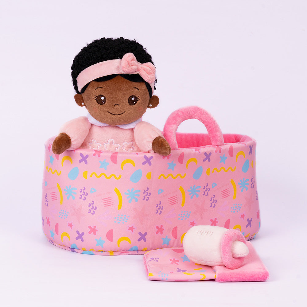 iFrodoll Personalized Pink Deep Skin Tone Mini Plush Baby Girl Doll & Gift Set