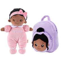 Load image into Gallery viewer, iFrodoll Personalized Pink Deep Skin Tone Mini Plush Baby Girl Doll &amp; Gift Set